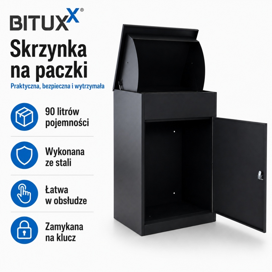 Schránka na balíky BITUX 90L ocelová uzamykatelná černá voděodolná 53x41x76,5 M19995